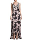 Sleeveless Floral High-Low Popover Gown, Black/Multicolor