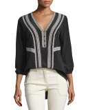 Loreto Embroidered Silk Blouse, Black