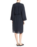 Silk Shirred Belted Shirtdress, Coastal Blue
