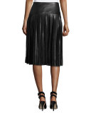 Jolene Pleated Leather & Lace Midi Skirt, Black