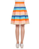 Striped Pleated A-Line Skirt, Turquoise/Marigold