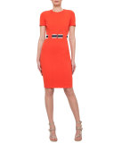 Short-Sleeve Belted Sheath Dress, Rust