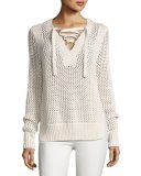 Crochet Lace-Up Pullover Sweater, Natural