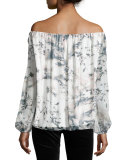 Flowers in the Sun Off-the-Shoulder Printed Silk Blouse, Pink Fairy