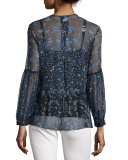 Mitsy Pleated Floral Silk-Chiffon Blouse, Navy