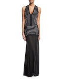 Sleeveless Contrast-Seam Halter Gown, Black Combo