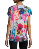 Heti Floral-Swirl Printed Tee, Fuchsia
