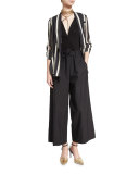 Belted Deep-V Wide-Leg Jumpsuit, Black
