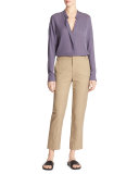 Banded-Collar Concealed-Placket Silk Blouse