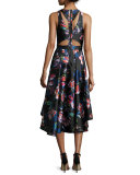Sleeveless Floral Satin High-Low Dress, Garnet/Multicolor
