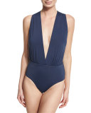 Plunge-Neck Solid One-Piece Swimsuit