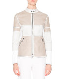 Two-Tone Leather Biker Jacket, Stone/White