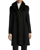 Wool Open-Front Coat w/ Mink Fur, Black