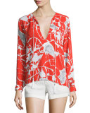 Pilar Split-Neck Printed Top, Multi Colors