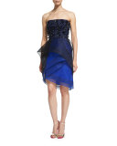 Strapless Tiered Cocktail Dress with Beading, Noir/Cobalt