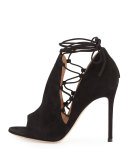 Side Lace-Up Peep-Toe Bootie, Black