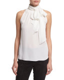 Georgette Tie-Neck Shell, Bianco