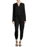 Sola Long-Sleeve Jersey Jumpsuit, Caviar