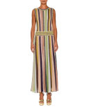 Striped Sleeveless V-Back Gown, Gold Rainbow