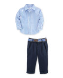 Striped Poplin Shirt w/ Pleated Pants, Blue, Size 9-24 Months