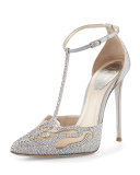 Crystal T-Strap Pointed-Toe Pump, Silver