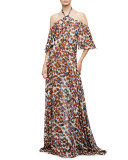 Halter-Neck Floral-Print Silk Chiffon Gown, Natural/Multi Colors