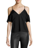 Stretch Crepe Cold-Shoulder Top, Black