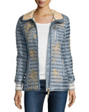 Hooded Floral Puffer Coat, Platinum