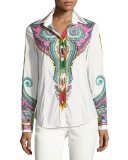 Paisley & Ikat Cotton Blouse, White/Green