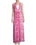 Floral Printed Sleeveless Gown, Pink/Multi