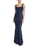 Sequined Knit Square-Neck Gown, Sapphire