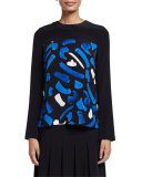Long-Sleeve Brushstroke-Print Top, Blue/White Multi
