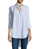 Grayson High-Low Button-Down Shirt, Blue/White Stripe