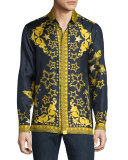 Baroque & Star Printed Long-Sleeve Silk Shirt, Navy