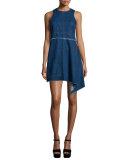 Sleeveless Asymmetric-Hem Denim Dress, Blue