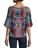 Silk Half-Sleeve Floral-Print Top, Red/Multi