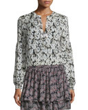 Long-Sleeve Floral Silk Blouse, Black/White