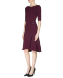 Healey Elbow-Sleeve Side-Drape Dress, Bordeaux