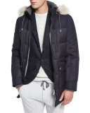 Mixed-Media Quilted Parka w/Fur-Trim Hood, Navy