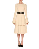 Long-Sleeve Tiered Tulip-Hem Dress, Linen