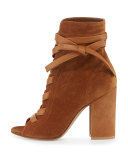 Brooklyn Suede Peep-Toe Bootie, Cognac