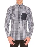 Plaid Sport Shirt w/Logo Pocket, Navy