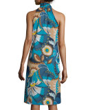 Sleeveless Floral Tie-Neck Shift Dress, Peacock