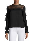 Voyager Silk Ruffle-Trim Blouse, Black