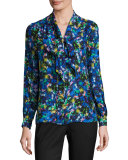 Long-Sleeve Jewel-Print Satin Chiffon Tie-Neck Blouse, Multi