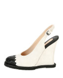 Intrecciato-Toe Slingback Wedge Pump, White/Black