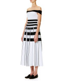 Striped Off-the-Shoulder Midi Dress, White/Black