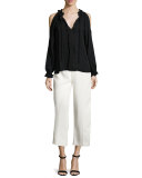 Gina Long-Sleeve Ruffled Tie-Neck Silk Blouse, Black