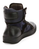 Mixed-Media High-Top Sneaker, Navy 