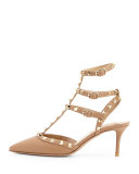 Rockstud Leather Mid-Heel Slingback, Alpaca
